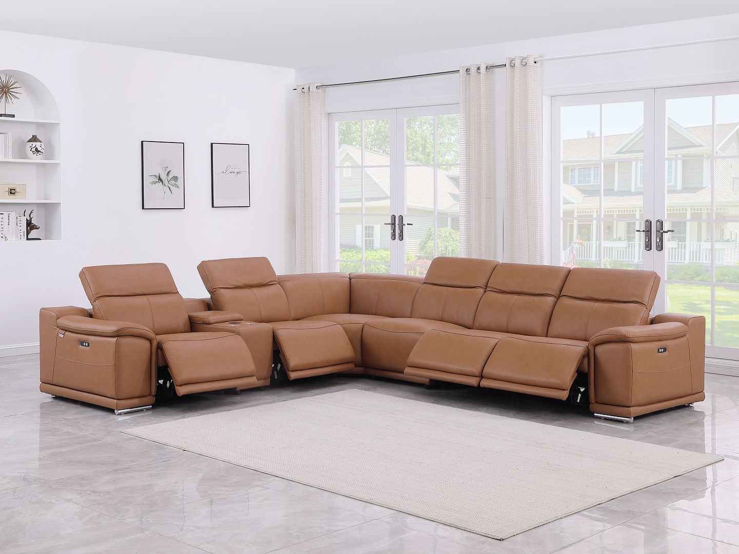 9762 Divanitalia 7-Piece L-Shaped Top Grain Italian Leather Sectional Sofa with 4 Power Recliners