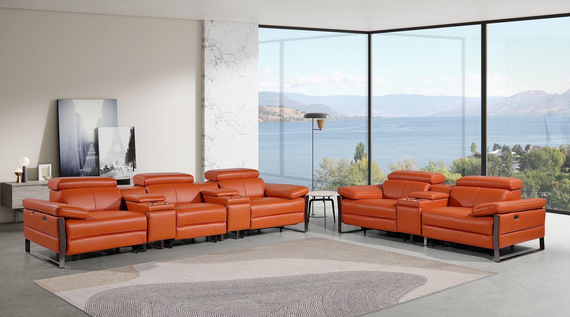1246 Divanitalia Modular Power Reclining Dual Console Sofa and Console Loveseat Set with Power Headrests - Top Grain Italian Leather - Camel