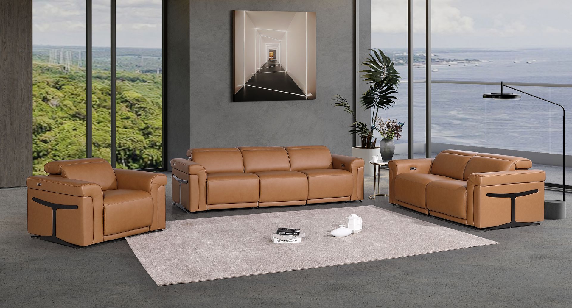 1126 Divanitalia 6-Piece Modular Power Reclining Sofa, Loveseat & Chair Set in Top Grain Italian Leather with 6 Power Recliners & Power Headrests - Cognac - SKU 1126-COGNAC-6.6-HT-3PC