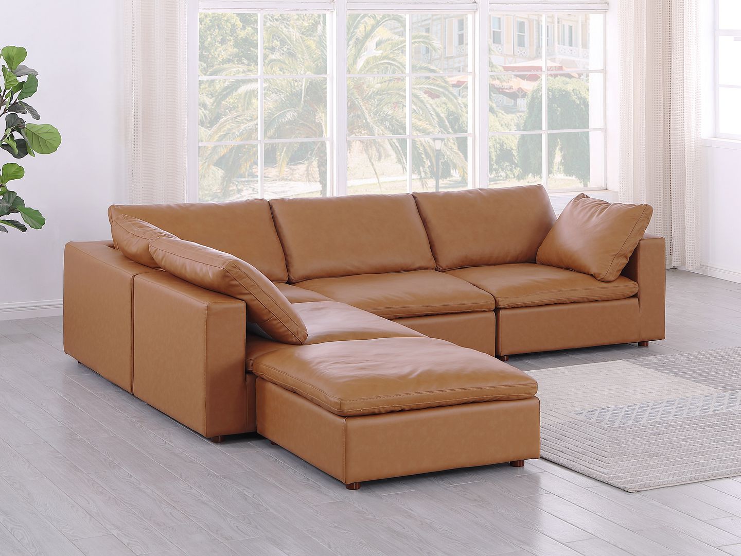 1100 Divanitalia 5-Piece Right Arm Facing 4-Seat Sectional Sofa - Top-grain Italian Leather - Cognac