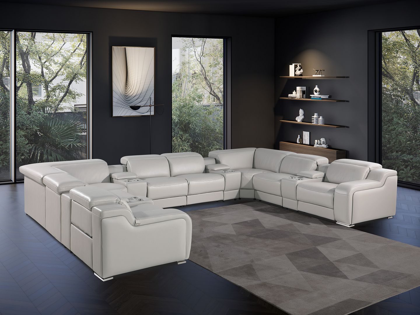 1116 Divanitalia 12-Piece U-Shaped Sectional Sofa in Top Grain Italian Leather with 4 Power Recliners & Power Headrests - Light Grey