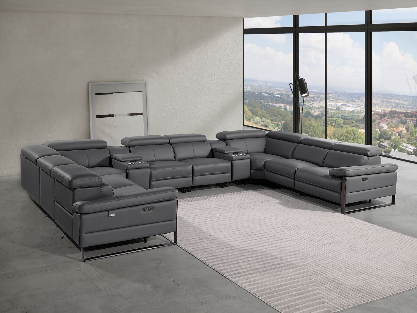 1246 Divanitalia 10-Piece U-Shaped Modular Power Reclining Sectional Sofa with 4 Power Recliners and Power Headrests - Top Grain Italian Leather - Dark Grey