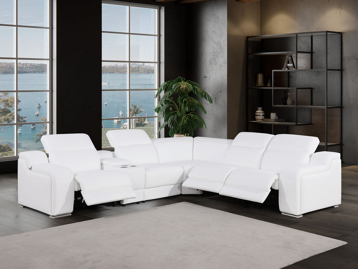 1116 Divanitalia 6-Piece L-Shaped Sectional Sofa in Top Grain Italian Leather with 3 Power Recliners & Power Headrests - White - SKU 1116-WHITE-6PC-3PWR-SECTIONAL- GROUP