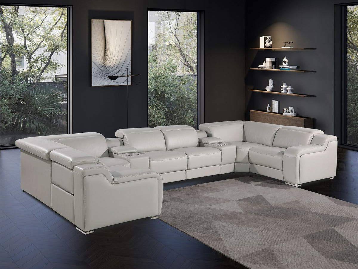1116 Divanitalia 8-Piece U-Shaped Sectional Sofa in Top Grain Italian Leather with 2 Power Recliners & Power Headrests - Light Grey - SKU 1116-LT_GREY-8PC-2PWR-U-SECTIONAL-GROUP