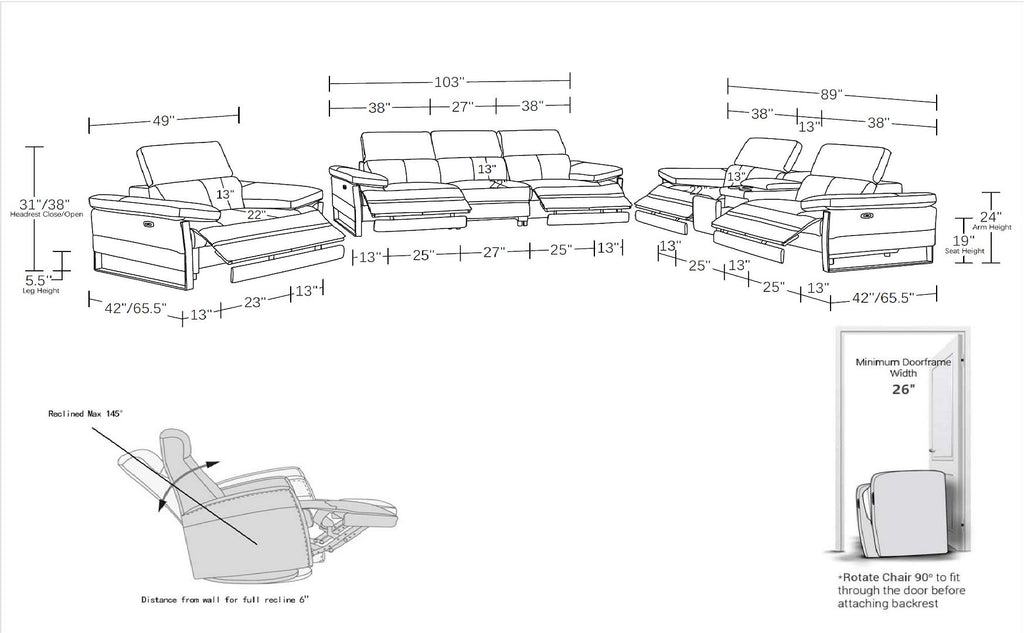 1246 Divanitalia Modular Power Dual Reclining Sofa, Console Loveseat, and Chair Set with Power Headrests - Top Grain Italian Leather - Dark Grey - SKU 1246-DK-GREY-7.5-HT-3PC - view 16