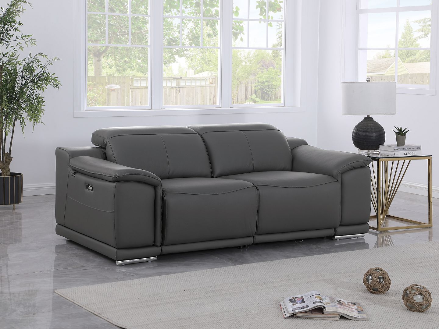 9762 Divanitalia 2-Piece Modular Power Reclining Console with 2 Power Recliners in Top Grain Italian Leather - Dark Grey