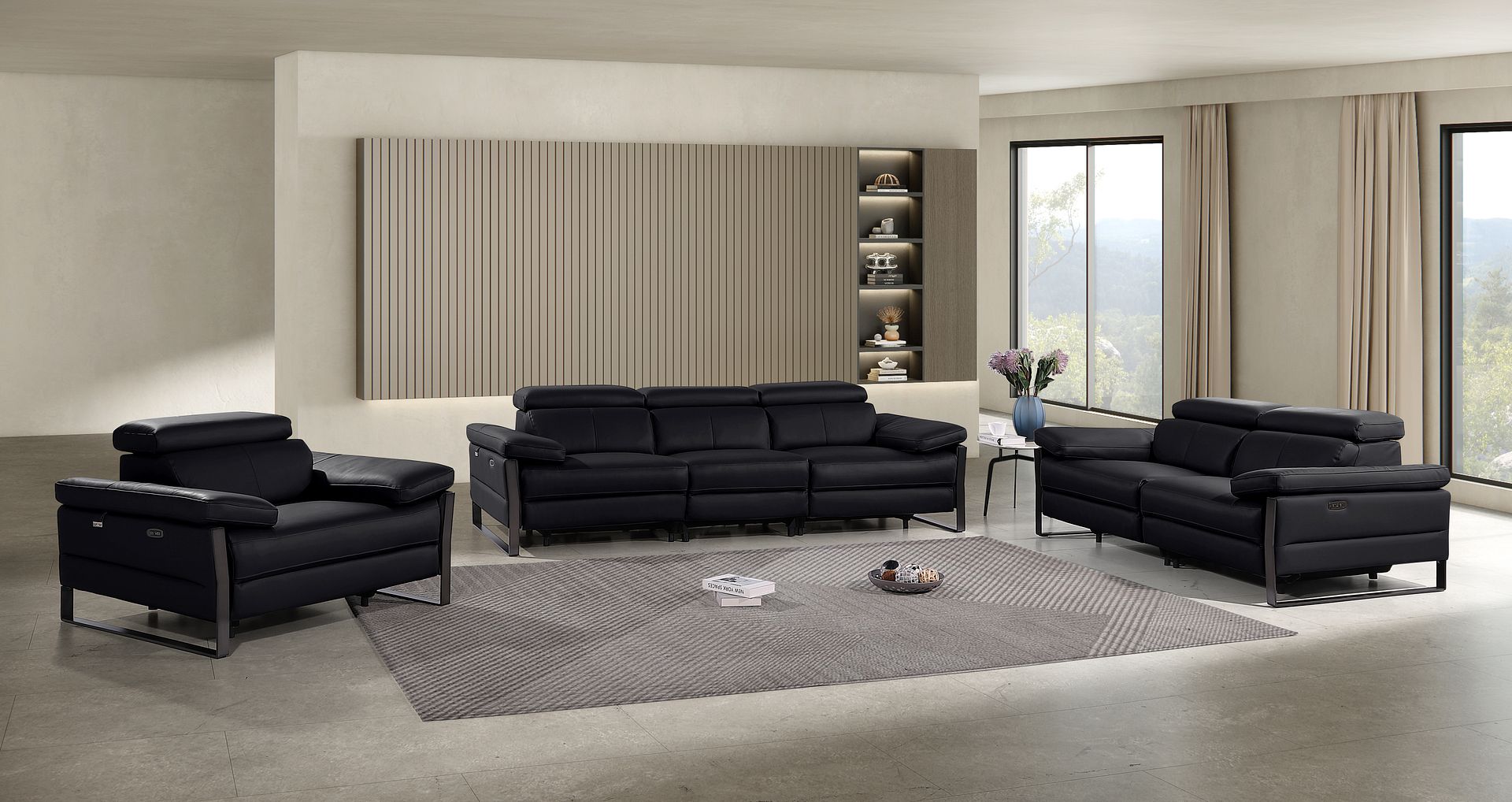 1246 Divanitalia Modular Power Dual Reclining Sofa, Loveseat, and Chair Set with Power Headrests - Top Grain Italian Leather - Black - SKU 1246-BLACK-6.5-HT-3PC