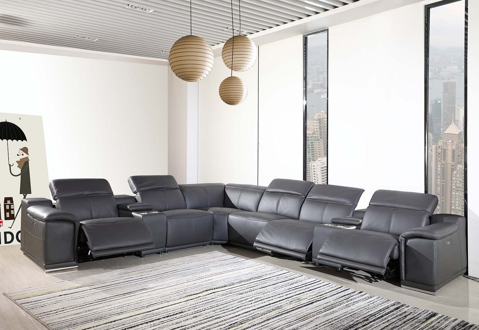 9762 Divanitalia 8-Piece L-Shaped Top Grain Italian Leather Sectional Sofa with 3 Power Recliners - Dark Grey