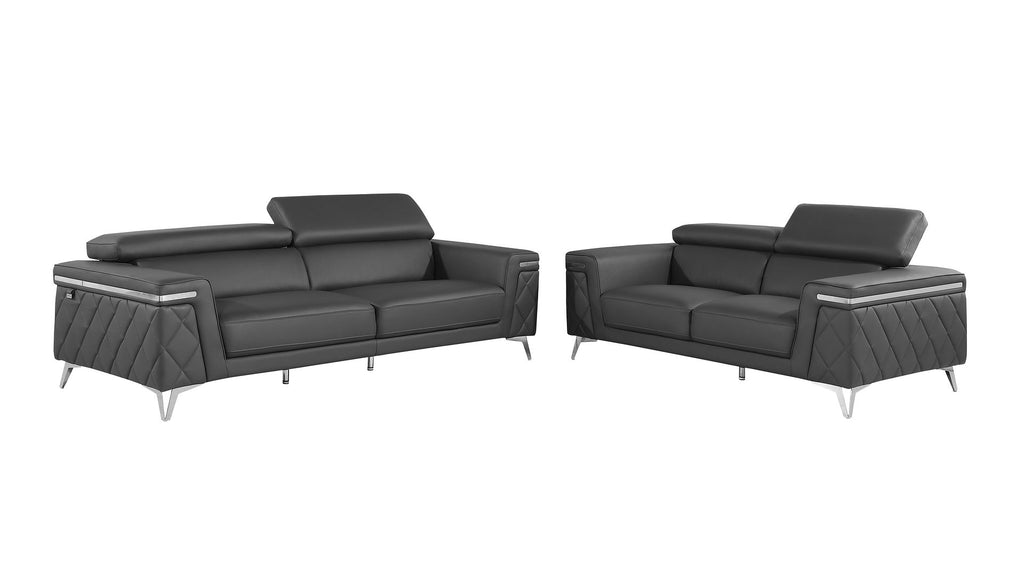 1140 Divanitalia 2-Piece Sofa Set with Adjustable Headrest in Top-grain Italian Leather - Dark Grey - SKU 1140-DK-GREY-2PC - view 2