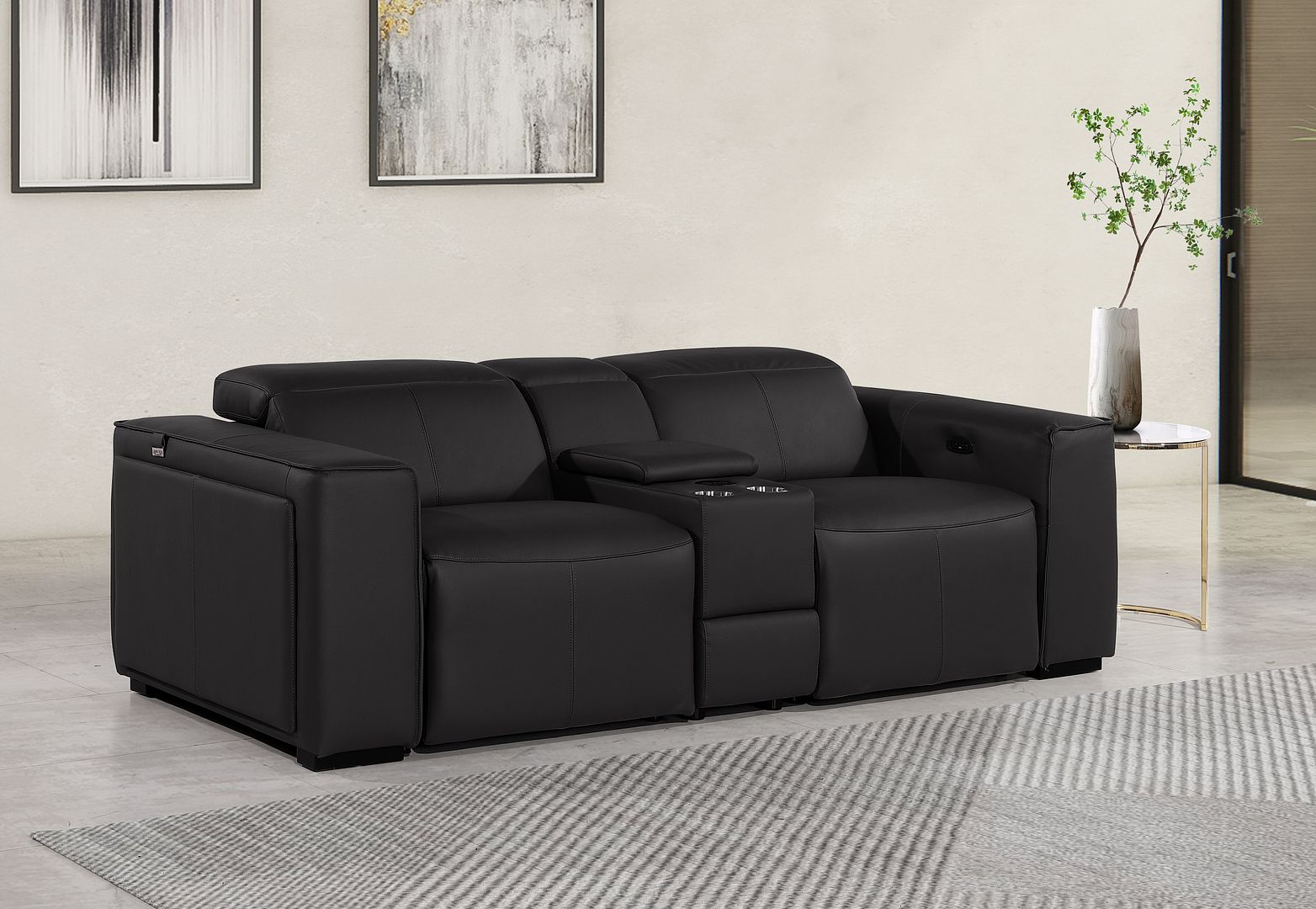1224 Divanitalia 3-Piece Modular Power Reclining Loveseat in Top Grain Italian Leather with 2 Power Recliners & Power Headrests - Black