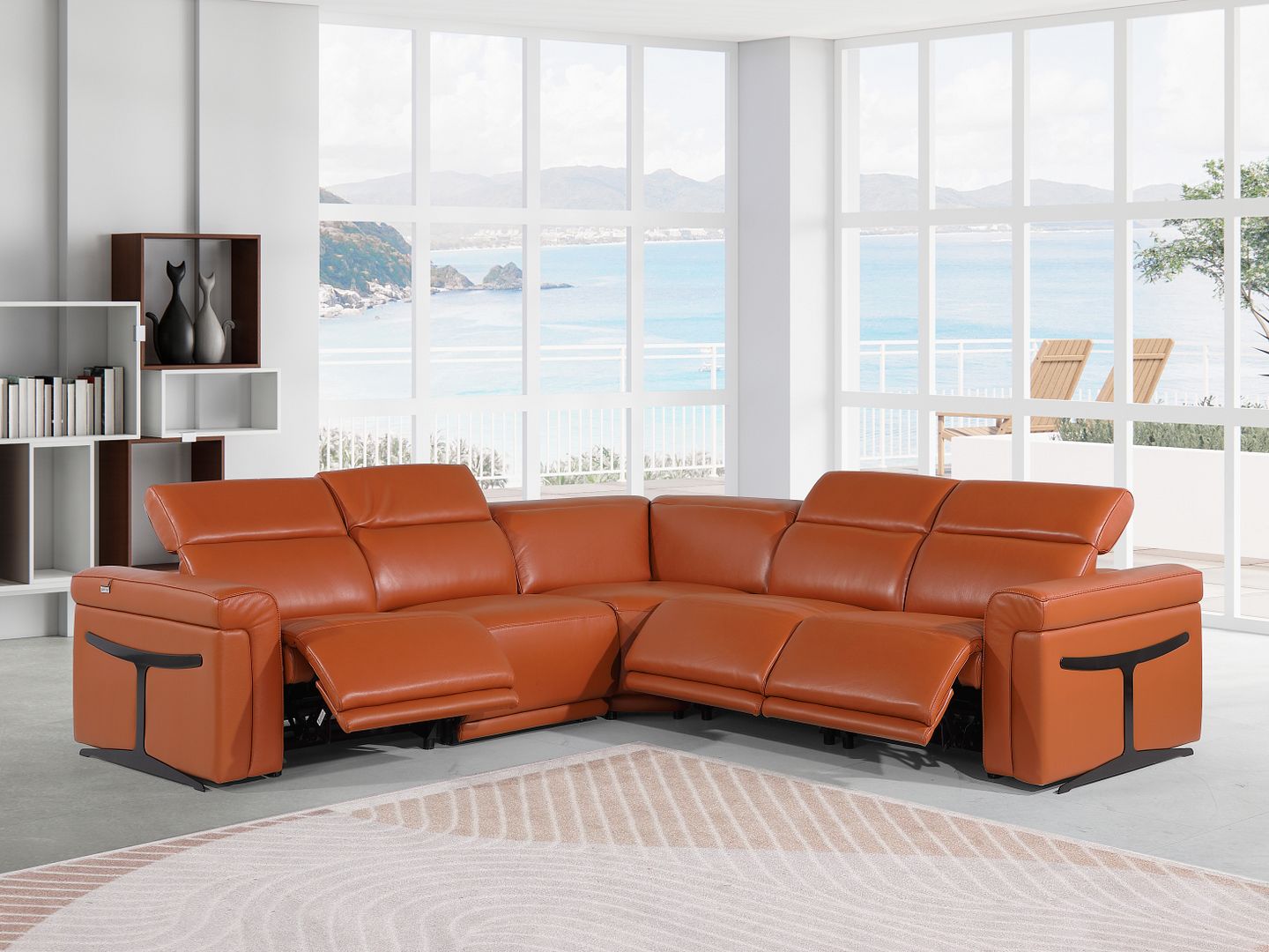 1126 Divanitalia 5-Piece L-Shaped Sectional Sofa in Top Grain Italian Leather with 3 Power Recliners & Power Headrests - Camel - SKU 1126-CAMEL-SEC-5PC-3PWR-SECTIONAL- GROUP