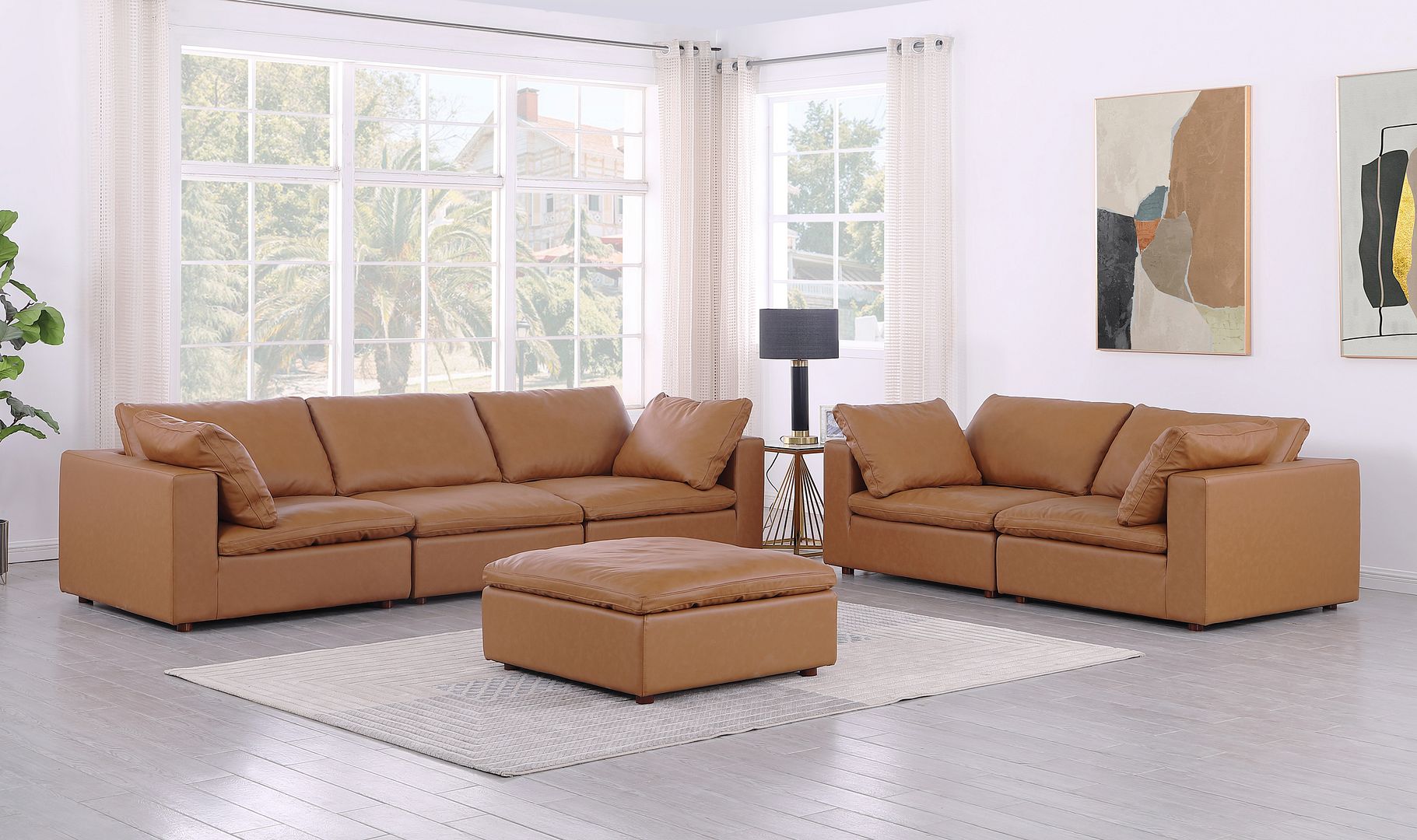 1100 Divanitalia 2-Piece Sofa Set - Top-grain Italian Leather with Ottoman - Cognac