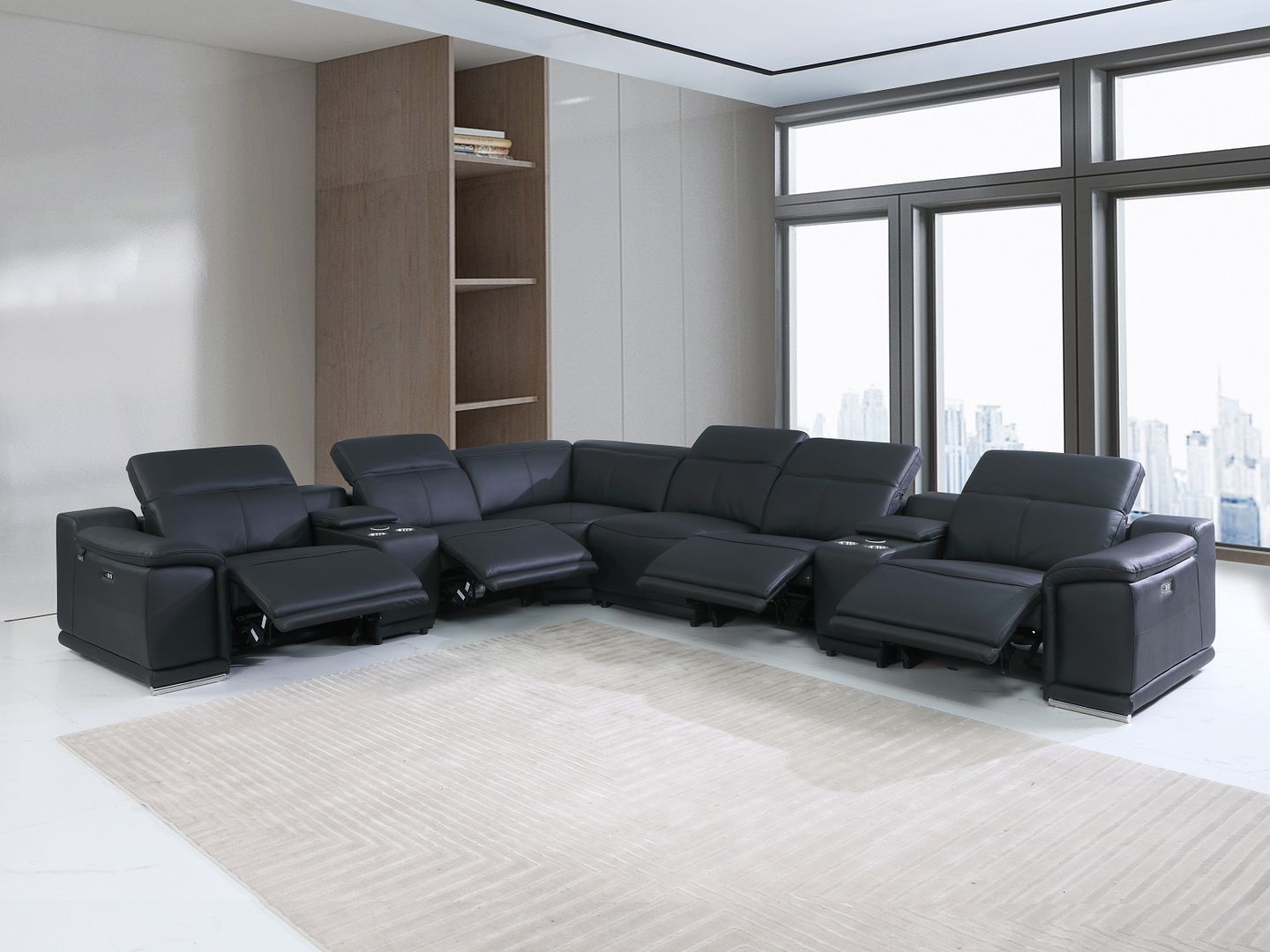 9762 Divanitalia 8-Piece L-Shaped Top Grain Italian Leather Sectional Sofa with 4 Power Recliners - Black