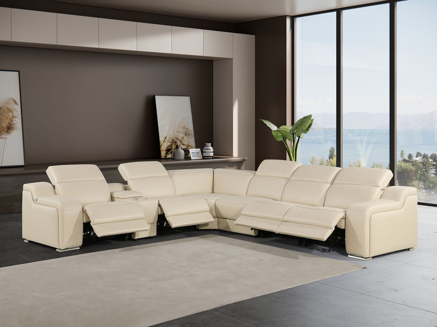 1116 Divanitalia 7-Piece L-Shaped Sectional Sofa in Top Grain Italian Leather with 4 Power Recliners & Power Headrests - Beige