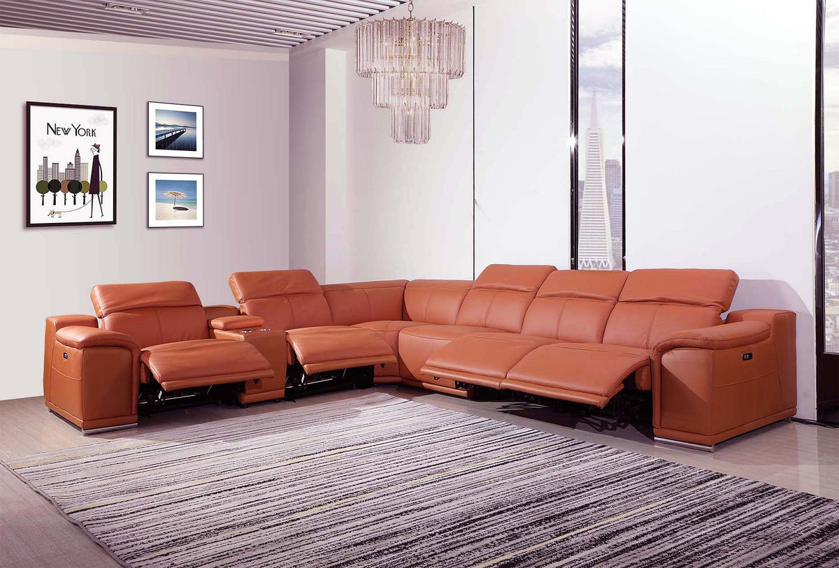 9762 Divanitalia 7-Piece L-Shaped Top Grain Italian Leather Sectional Sofa with 4 Power Recliners - Camel - SKU 9762-7PC-4PWR-SECTIONAL- CAMEL - GROUP