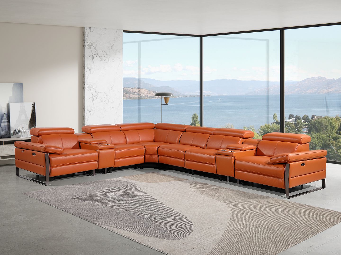 1246 Divanitalia 8-Piece L-Shaped Modular Power Reclining Sectional Sofa with 4 Power Recliners and Power Headrests - Top Grain Italian Leather - Camel
