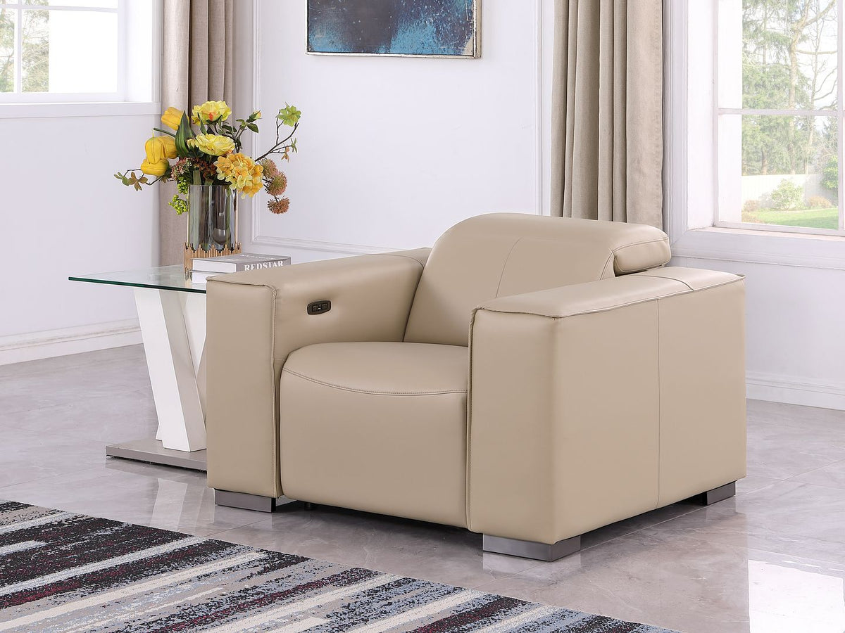 1208 Leather Power Reclining Chair with Power Headrest - Beige - SKU 1208-BEIGE-PWR-CH