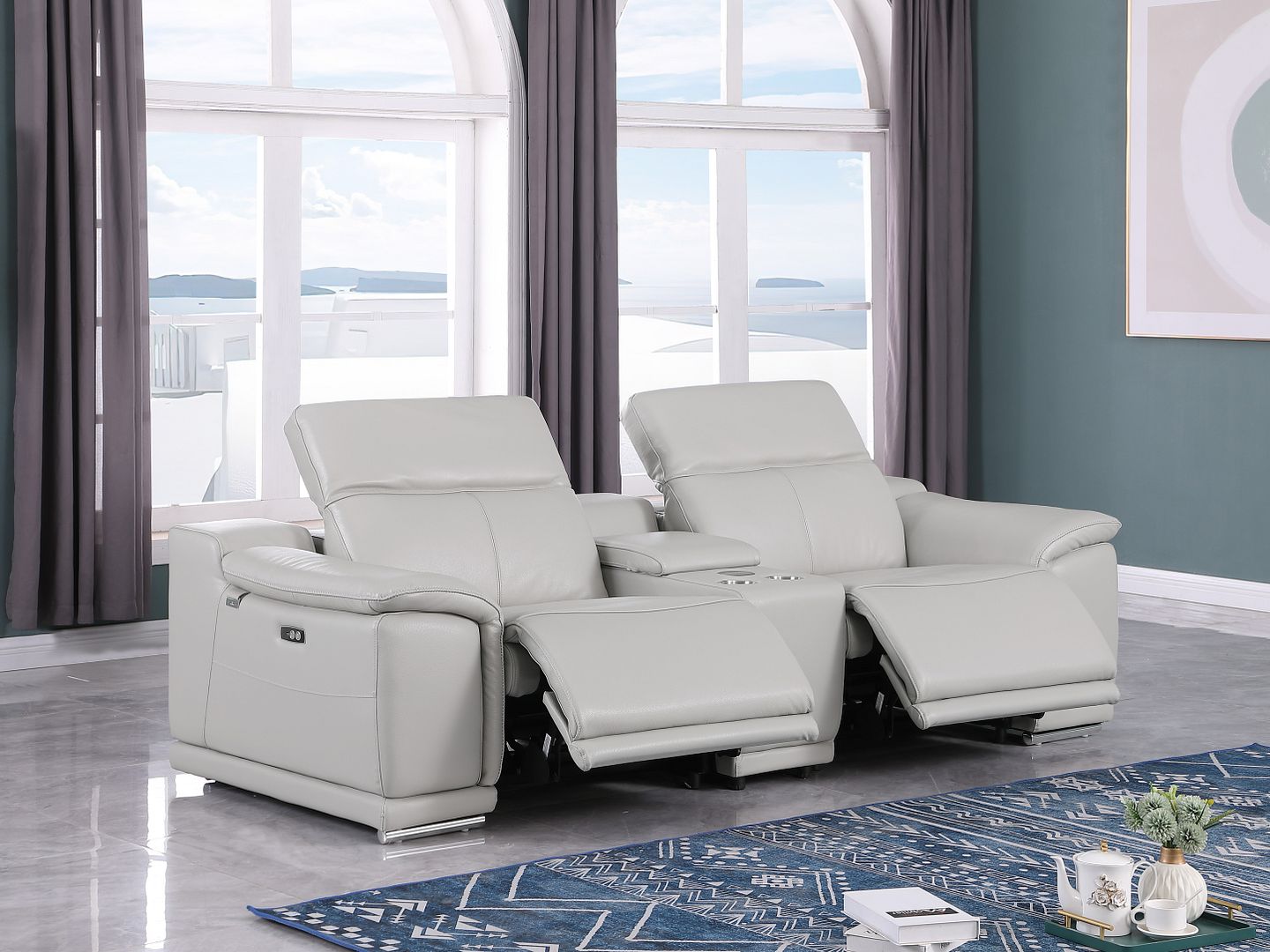 9762 Divanitalia 3-Piece Modular Power Reclining Console Loveseat with 2 Power Recliners in Top Grain Italian Leather