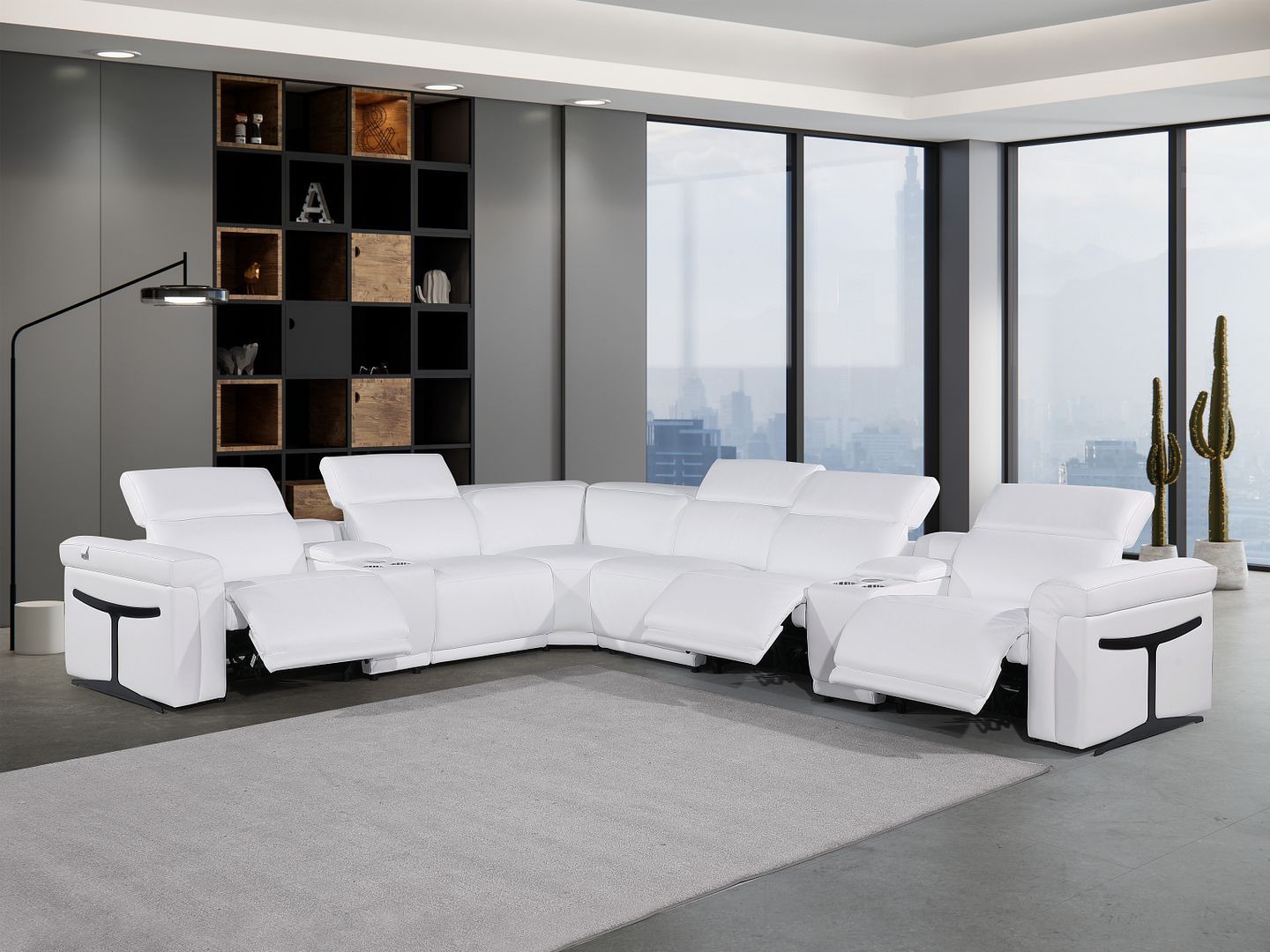 1126 Divanitalia 8-Piece L-Shaped Sectional Sofa in Top Grain Italian Leather with 3 Power Recliners & Power Headrests - White