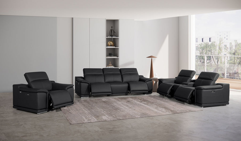 9762 Divanitalia 7-Piece Modular Power Reclining Sofa, Loveseat and Chair Set with 5 Power Recliners in Top Grain Italian Leather - Black - SKU 9762-BLACK-7.5-HT-3PC - view 2