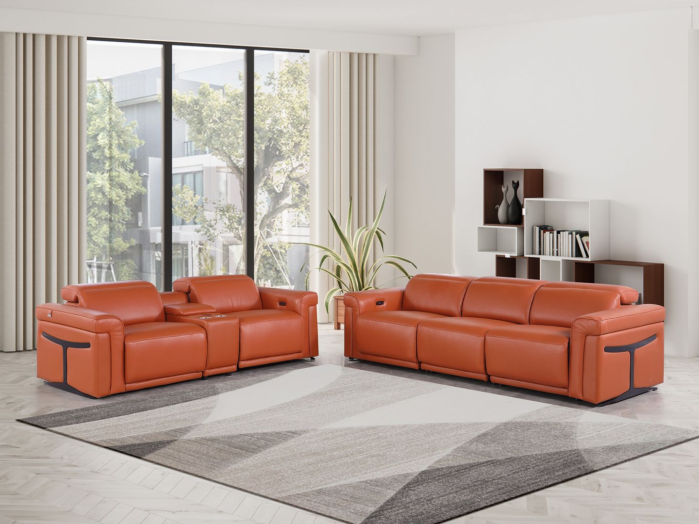 1126 Divanitalia 6-Piece Modular Power Reclining Sofa and Console Loveseat Set in Top Grain Italian Leather with 5 Power Recliners & Power Headrests - Camel