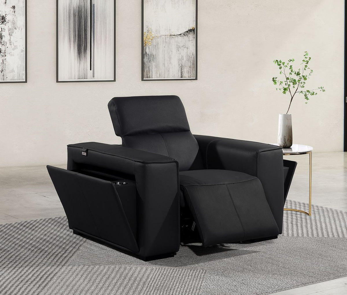 1126 Divanitalia Top Grain Italian Leather Power Reclining Chair with Power Headrests - Black - SKU 1224-BLACK-CH - view 2