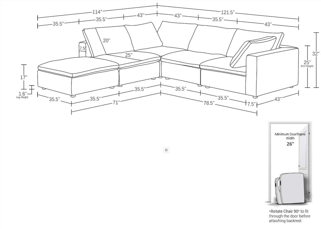 1100 Divanitalia 5-Piece Right Arm Facing 4-Seat Sectional Sofa - Top-grain Italian Leather