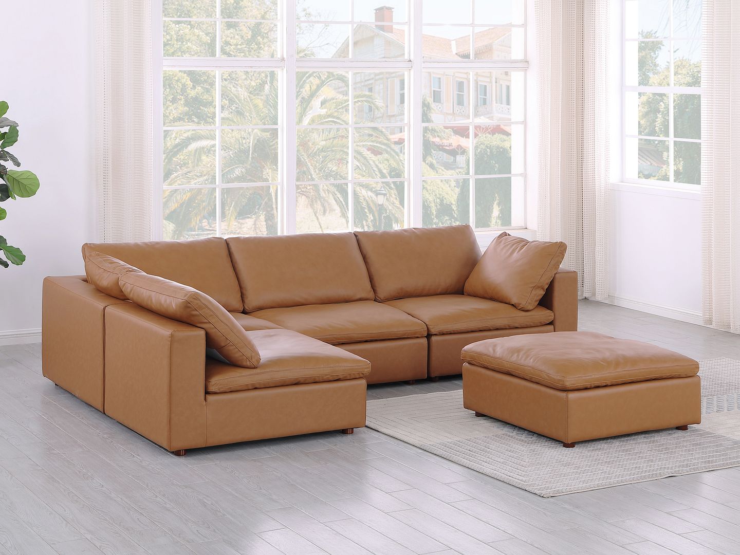 1100 Divanitalia 5-Piece Left Arm Facing 3-Seat Sectional Sofa - Top-grain Italian Leather - Cognac
