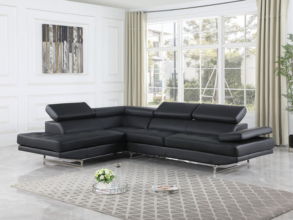 8136 Left Arm Facing Chaise with Adjustable Headrest in Genuine Leather - Black