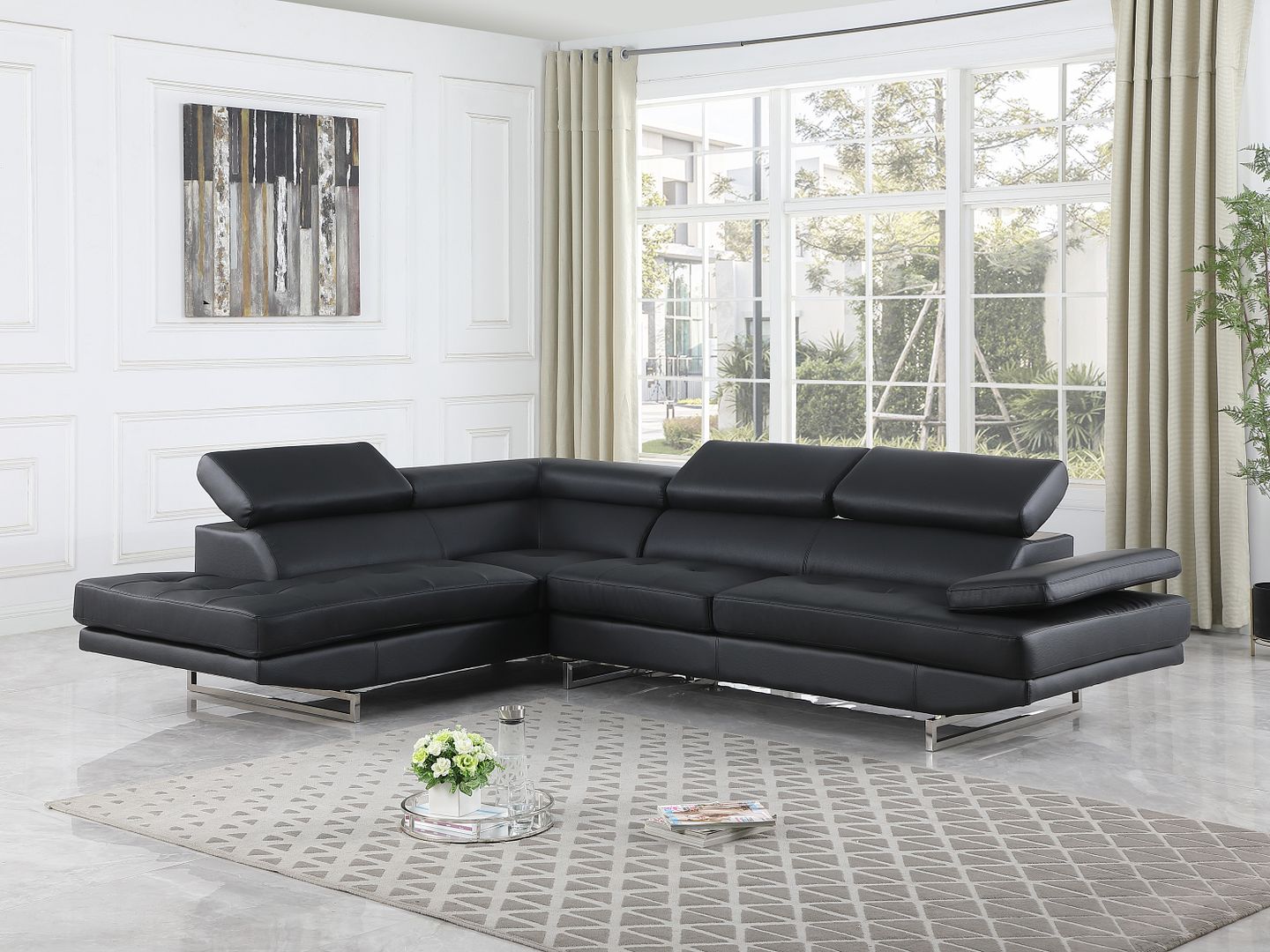 8136 Left Arm Facing Chaise with Adjustable Headrest in Genuine Leather - Black
