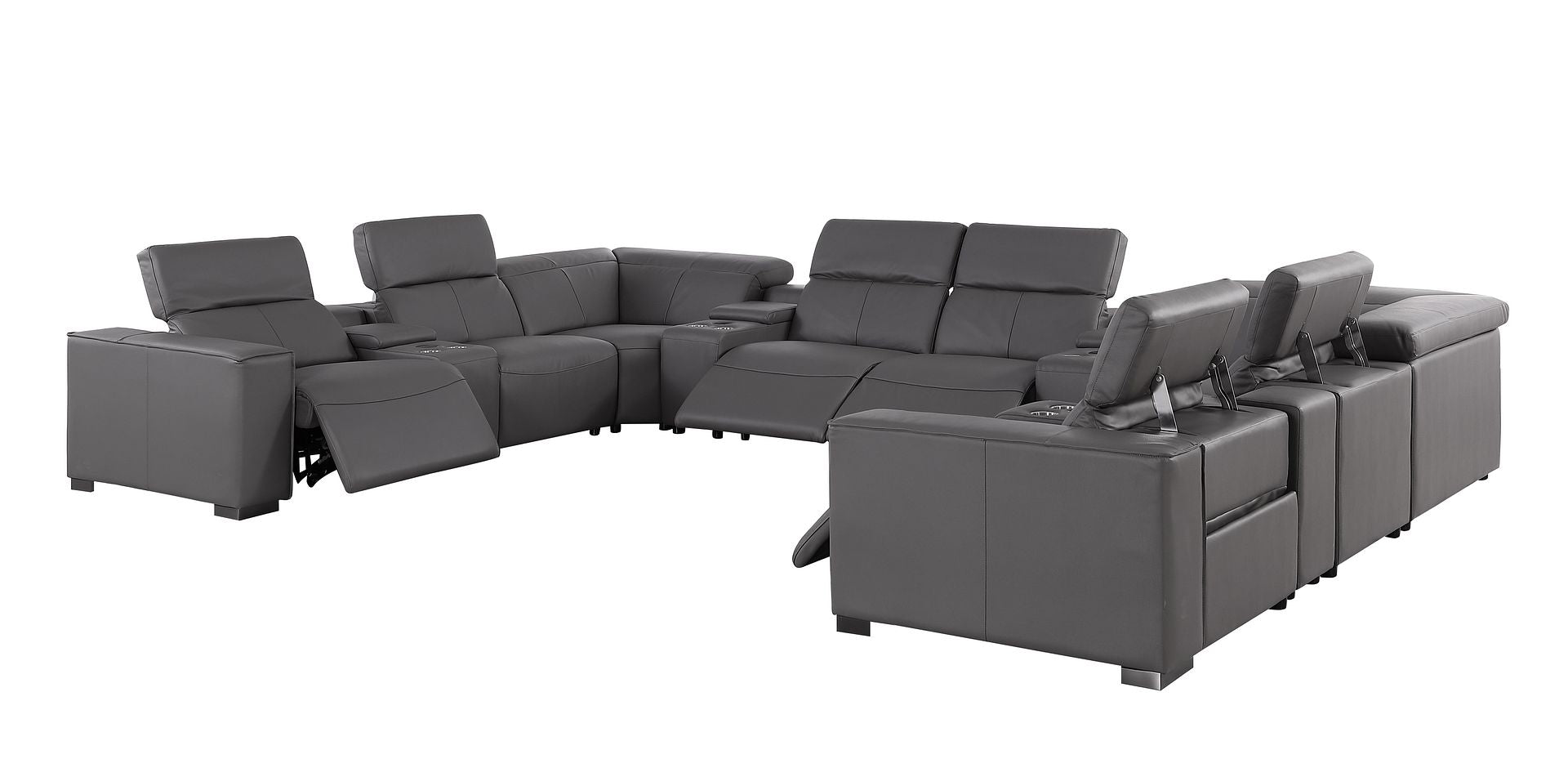 1208 12 Piece U-Shaped Leather Sectional Sofa with 4 Power Recliners & Power Headrest