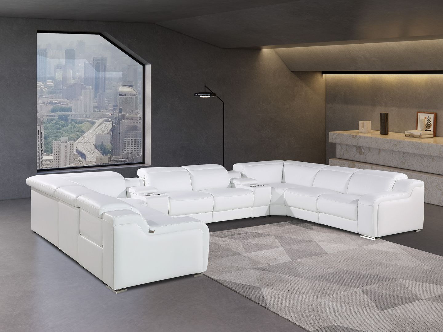 1116 Divanitalia 10-Piece U-Shaped Sectional Sofa in Top Grain Italian Leather with 4 Power Recliners & Power Headrests - White