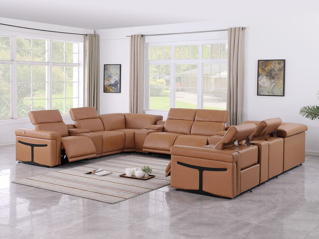 1126 Divanitalia 12-Piece U-Shaped Sectional Sofa in Top Grain Italian Leather with 4 Power Recliners & Power Headrests - Cognac - SKU 1126-COGNAC-12PC-4PWR-U-SECTIONAL-GROUP - view 2