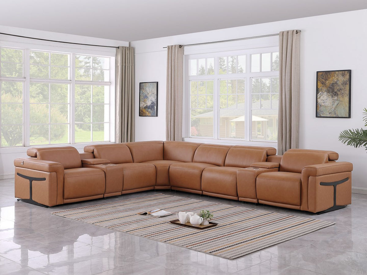 1126 Divanitalia 8-Piece L-Shaped Sectional Sofa in Top Grain Italian Leather with 4 Power Recliners & Power Headrests - Cognac - SKU 1126-COGNAC-SEC-8PC-4PWR-SECTIONAL-GROUP