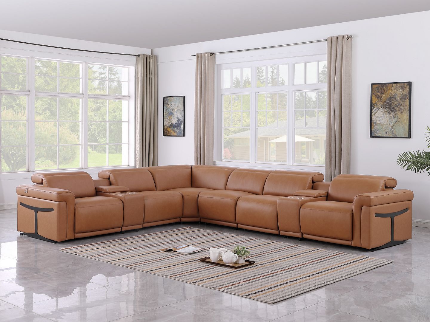 1126 Divanitalia 8-Piece L-Shaped Sectional Sofa in Top Grain Italian Leather with 4 Power Recliners & Power Headrests - Cognac