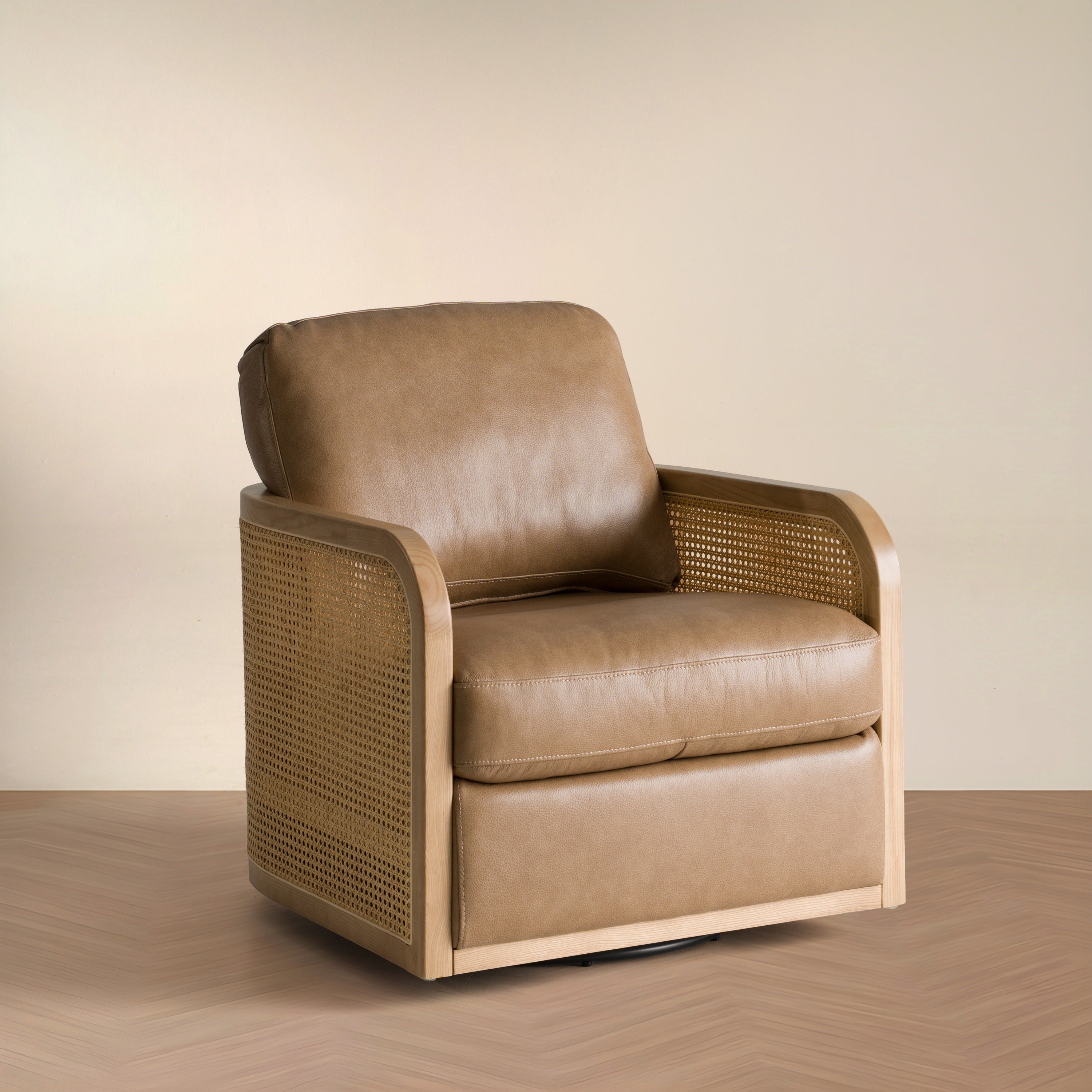 Danson - Modern Tan Leather + Wicker Swivel Accent Chair