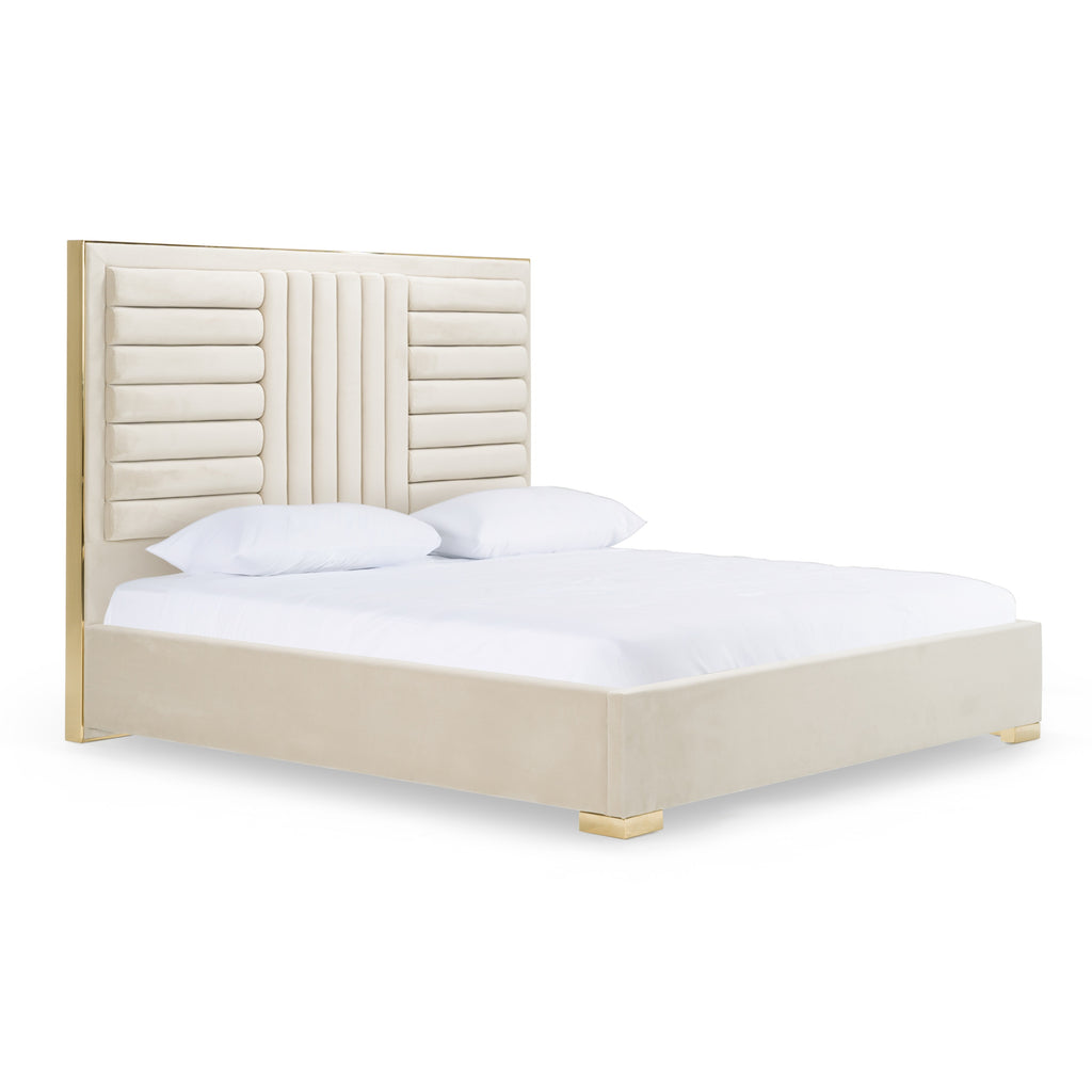 Daystar - Modern Beige Velvet & Gold Bed - Modern Beige Velvet & Gold Bed