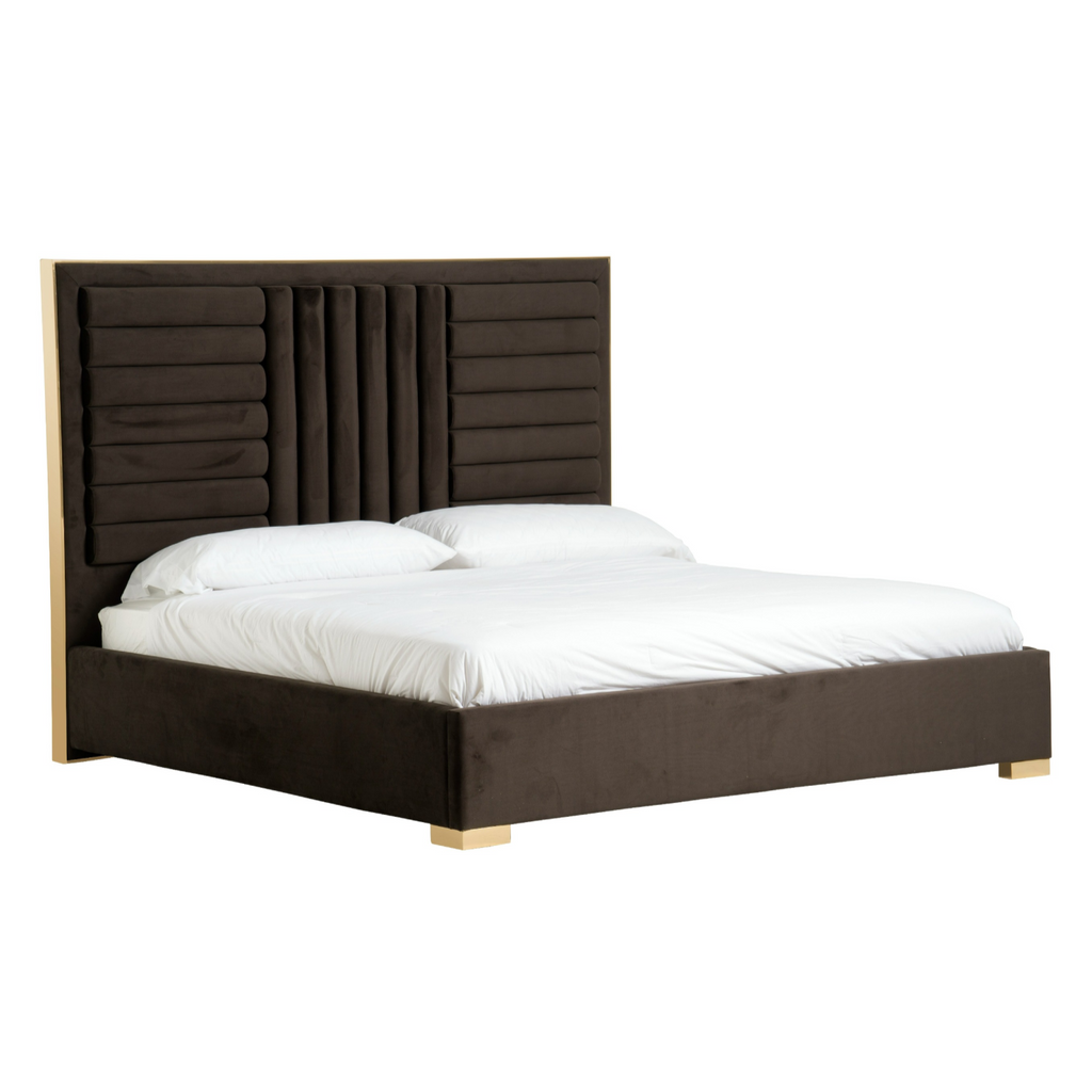 Daystar - Modern Dark Brown Velvet & Gold Bed - Modern Dark Brown Velvet & Gold Bed