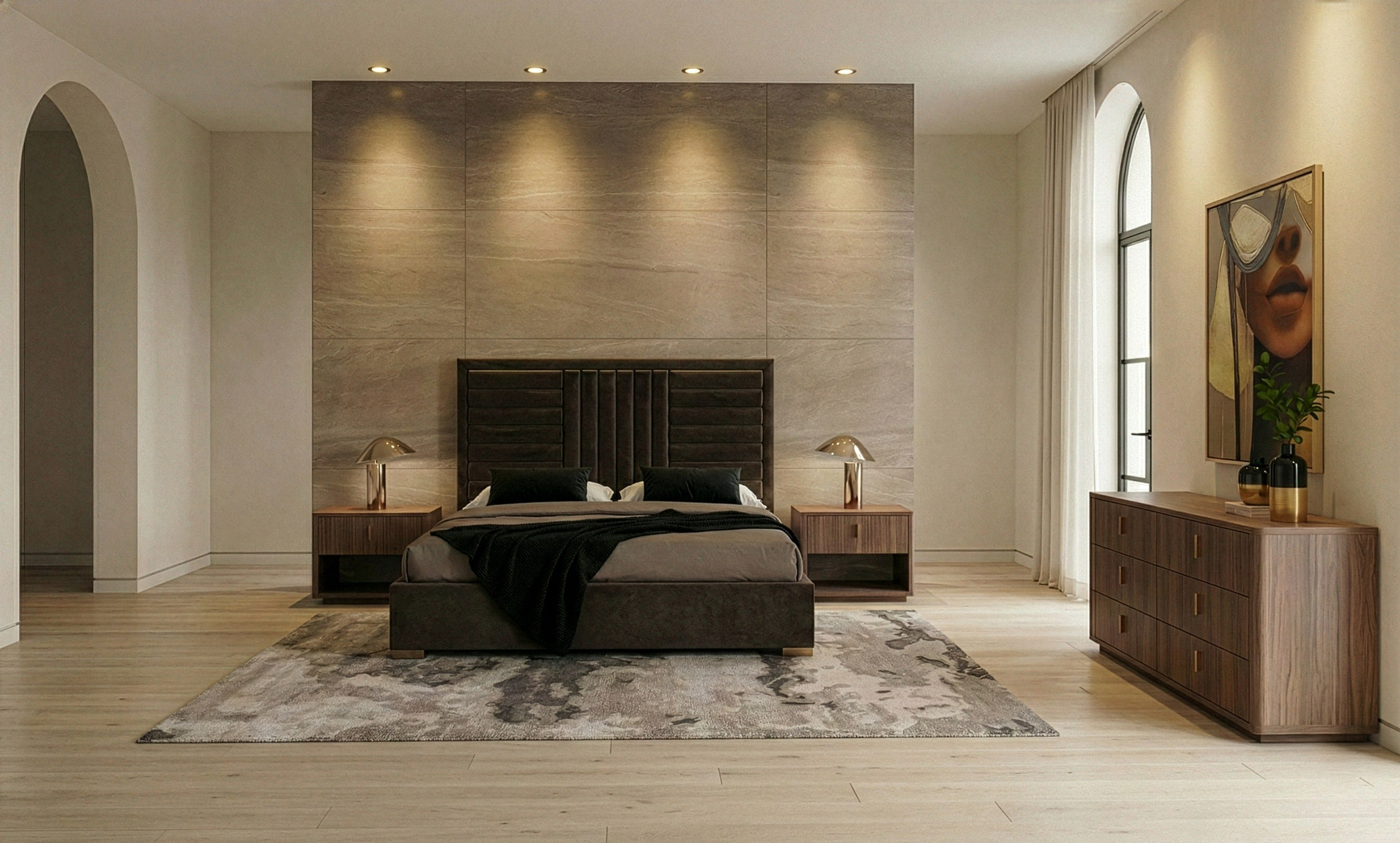Daystar + Roma - Modern Dark Brown Velvet + Walnut 4-Piece Bedroom Set - Modern Dark Brown Velvet + Walnut 4 - Piece Bedroom Set