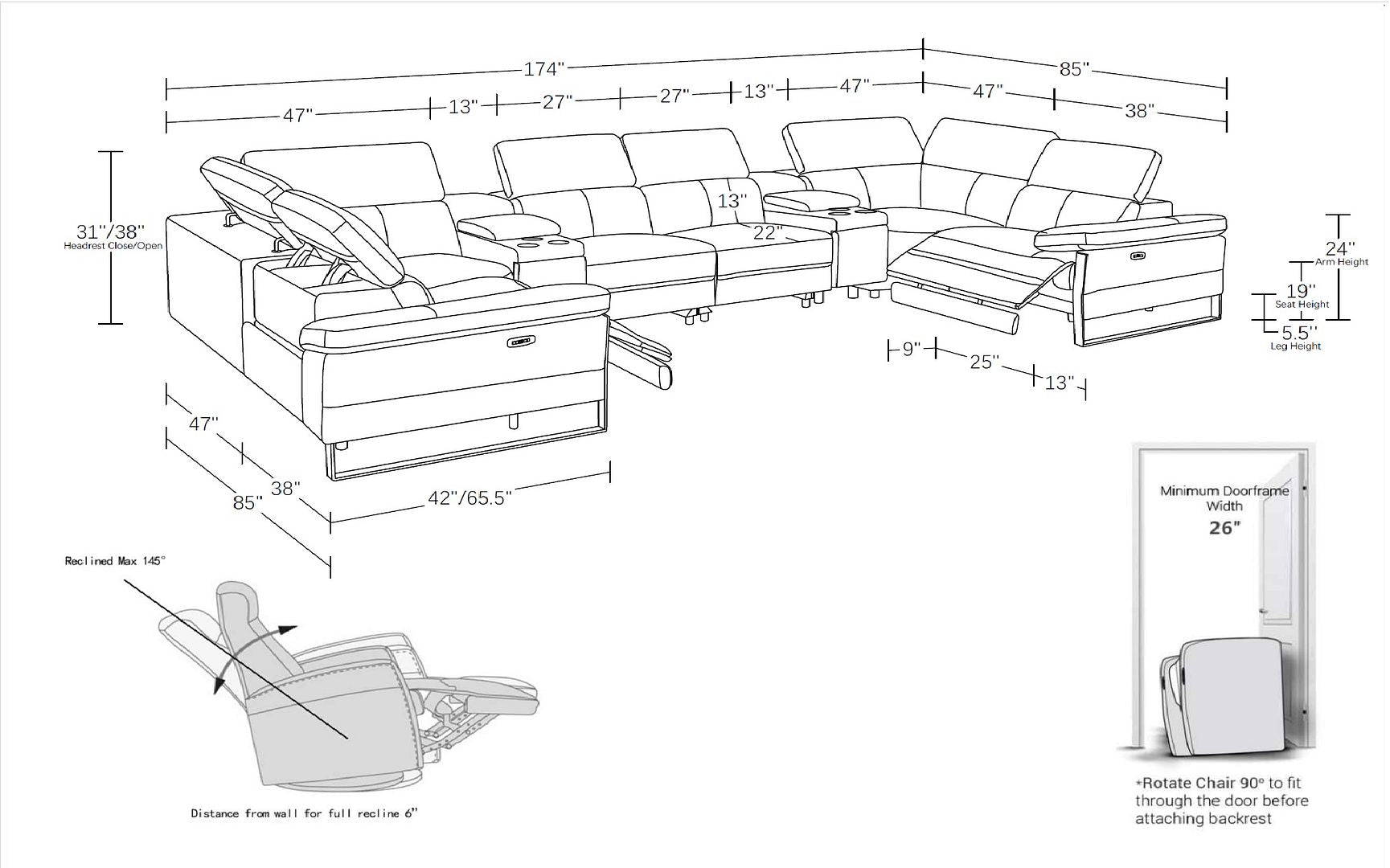 1246 Divanitalia 8-Piece U-Shaped Modular Power Reclining Sectional Sofa with 2 Power Recliners and Power Headrests - Top Grain Italian Leather