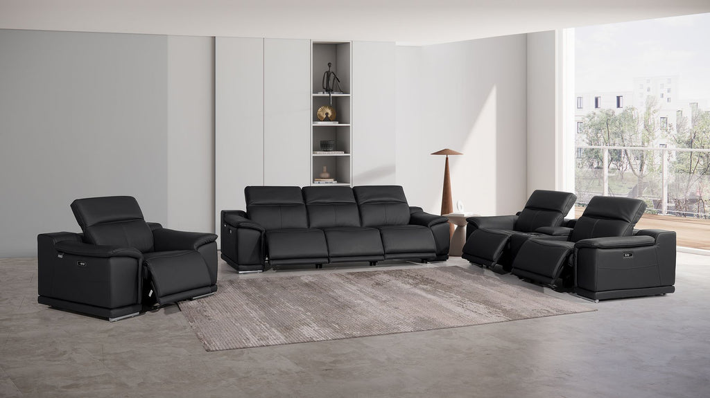 9762 Divanitalia 7-Piece Modular Power Reclining Sofa, Loveseat and Chair Set with 6 Power Recliners in Top Grain Italian Leather - Black - SKU 9762-BLACK-7.6-HT-3PC - view 2