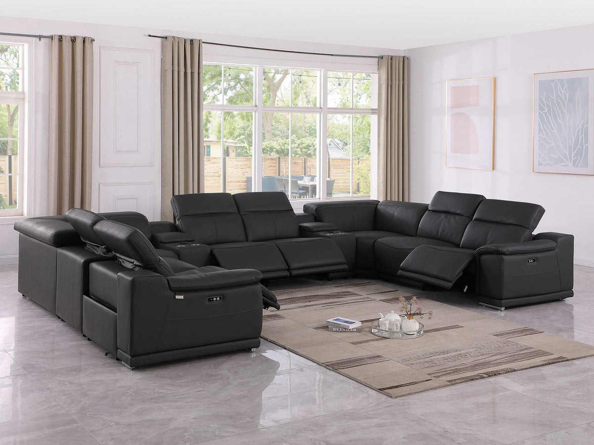 9762 Divanitalia 10-Piece U-Shaped Top Grain Italian Leather Sectional Sofa with 4 Power Recliners - Black - SKU 9762-BLACK-10PC-4PWR-U-SECTIONAL-GROUP - view 2