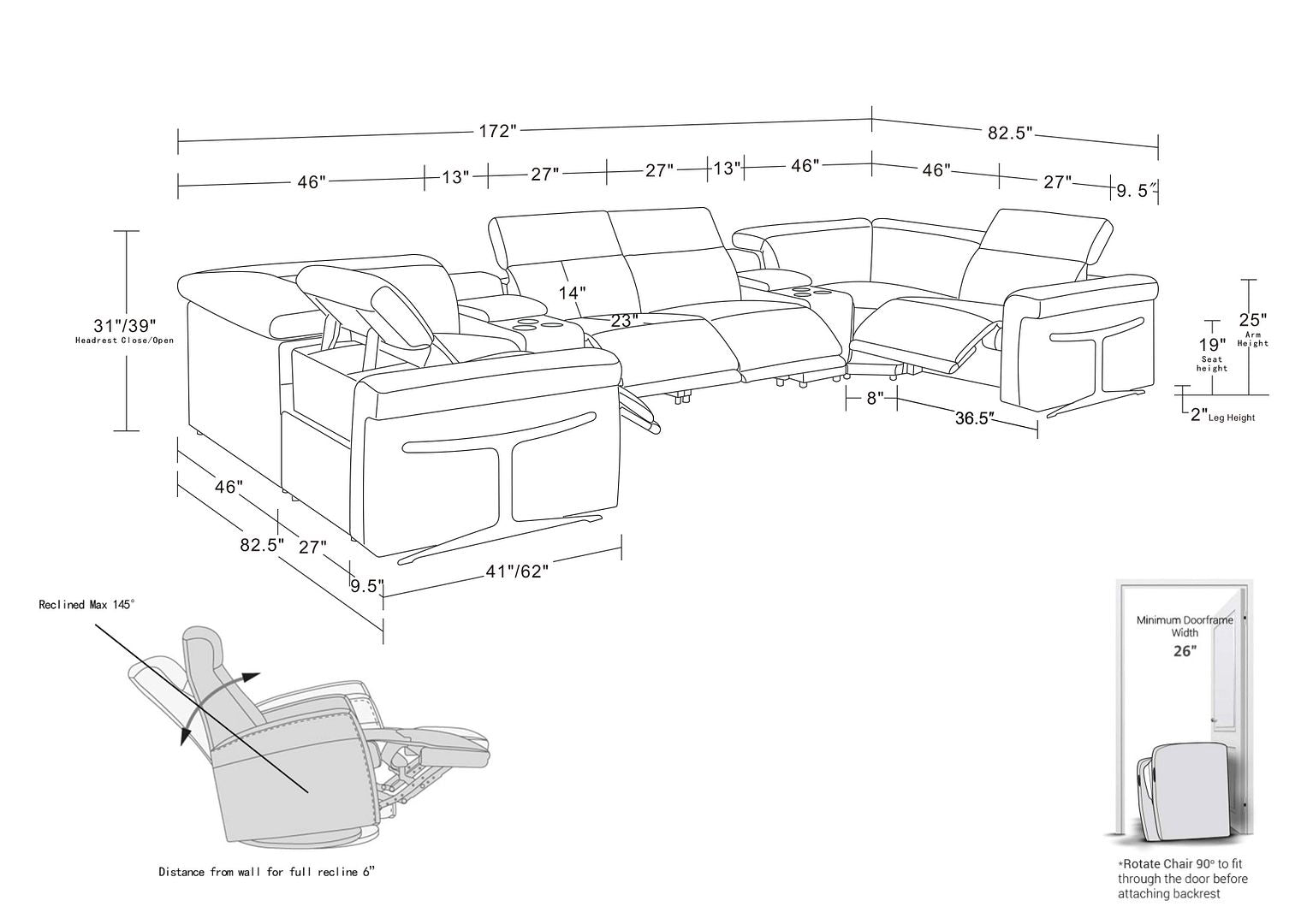 1126 Divanitalia 8-Piece U-Shaped Sectional Sofa in Top Grain Italian Leather with 4 Power Recliners & Power Headrests