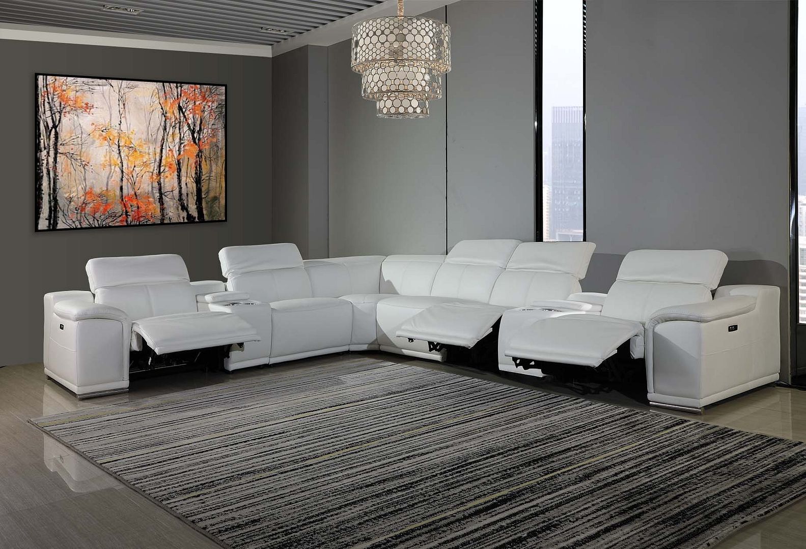 9762 Divanitalia 8-Piece L-Shaped Top Grain Italian Leather Sectional Sofa with 3 Power Recliners - White
