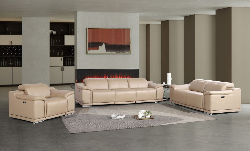 2679 Power Reclining Sofa, Loveseat & Chair Set in Genuine Leather - 5 Recliners - Beige - SKU 2679-BEIGE-6.5-HT-3PC