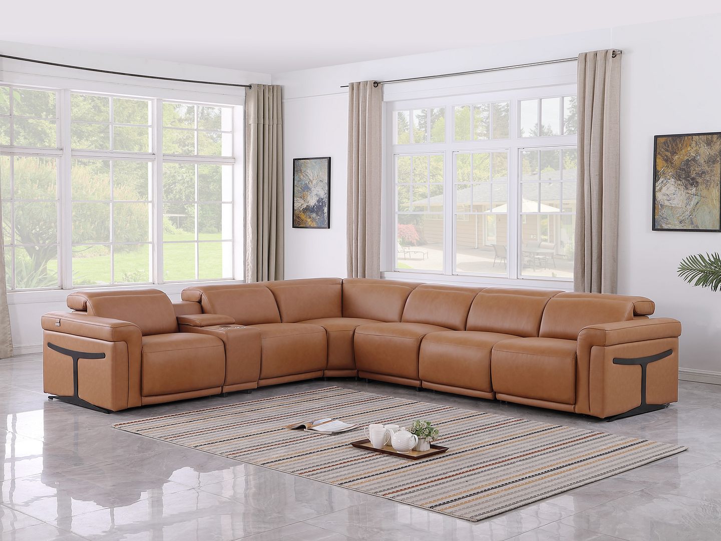 1126 Divanitalia 7-Piece L-Shaped Sectional Sofa in Top Grain Italian Leather with 3 Power Recliners & Power Headrests - Cognac