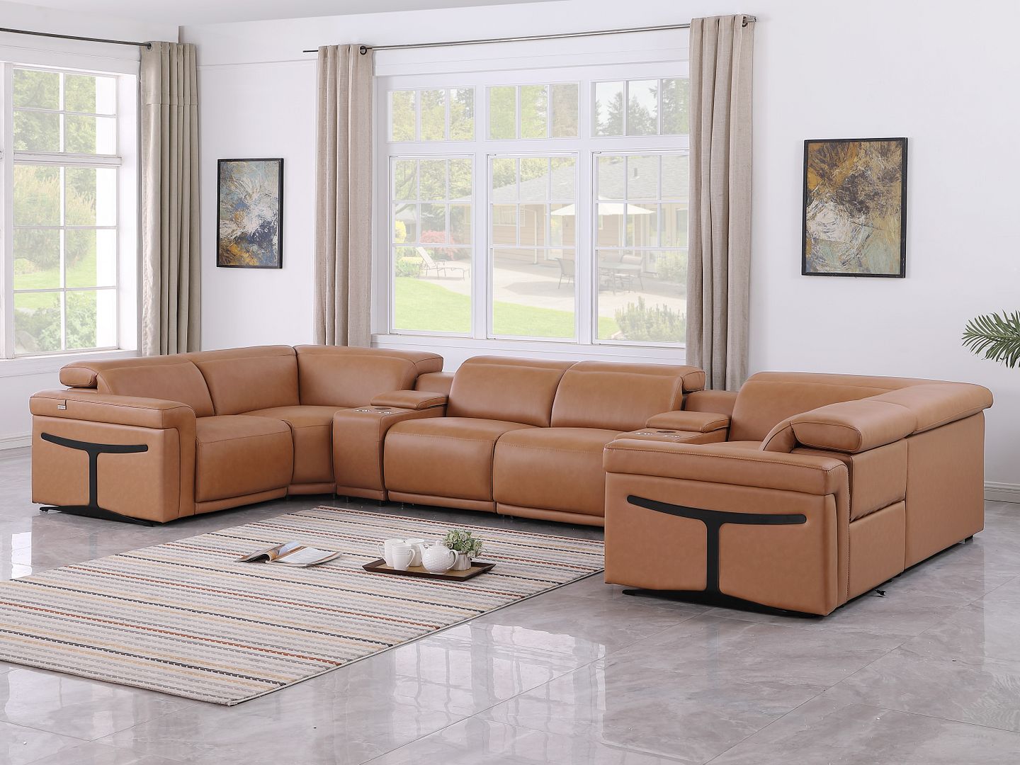1126 Divanitalia 8-Piece U-Shaped Sectional Sofa in Top Grain Italian Leather with 2 Power Recliners & Power Headrests - Cognac