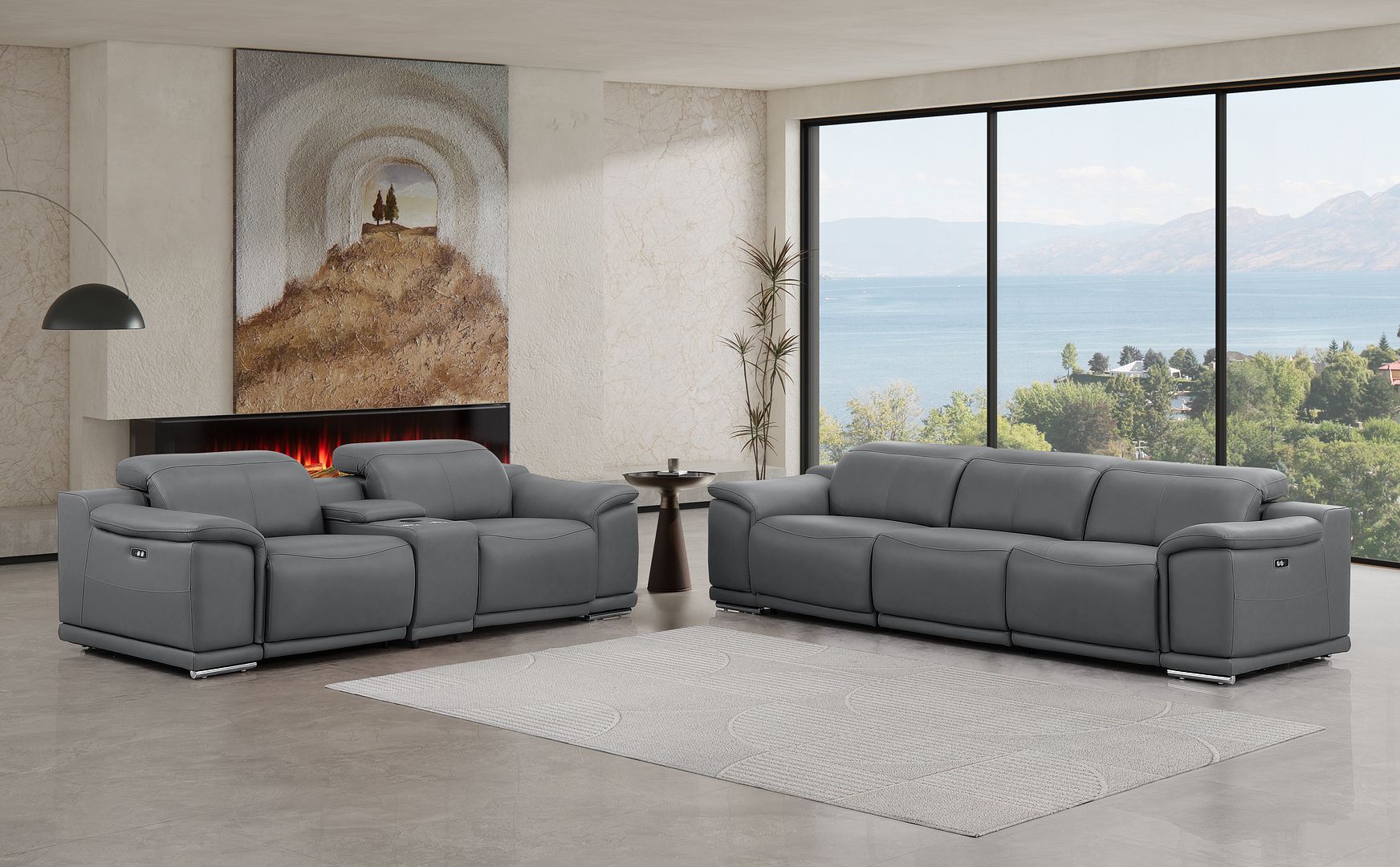 2679 Genuine Leather Reclining Set - Sofa and Loveseat with 5 Power Recliners - Dark Grey