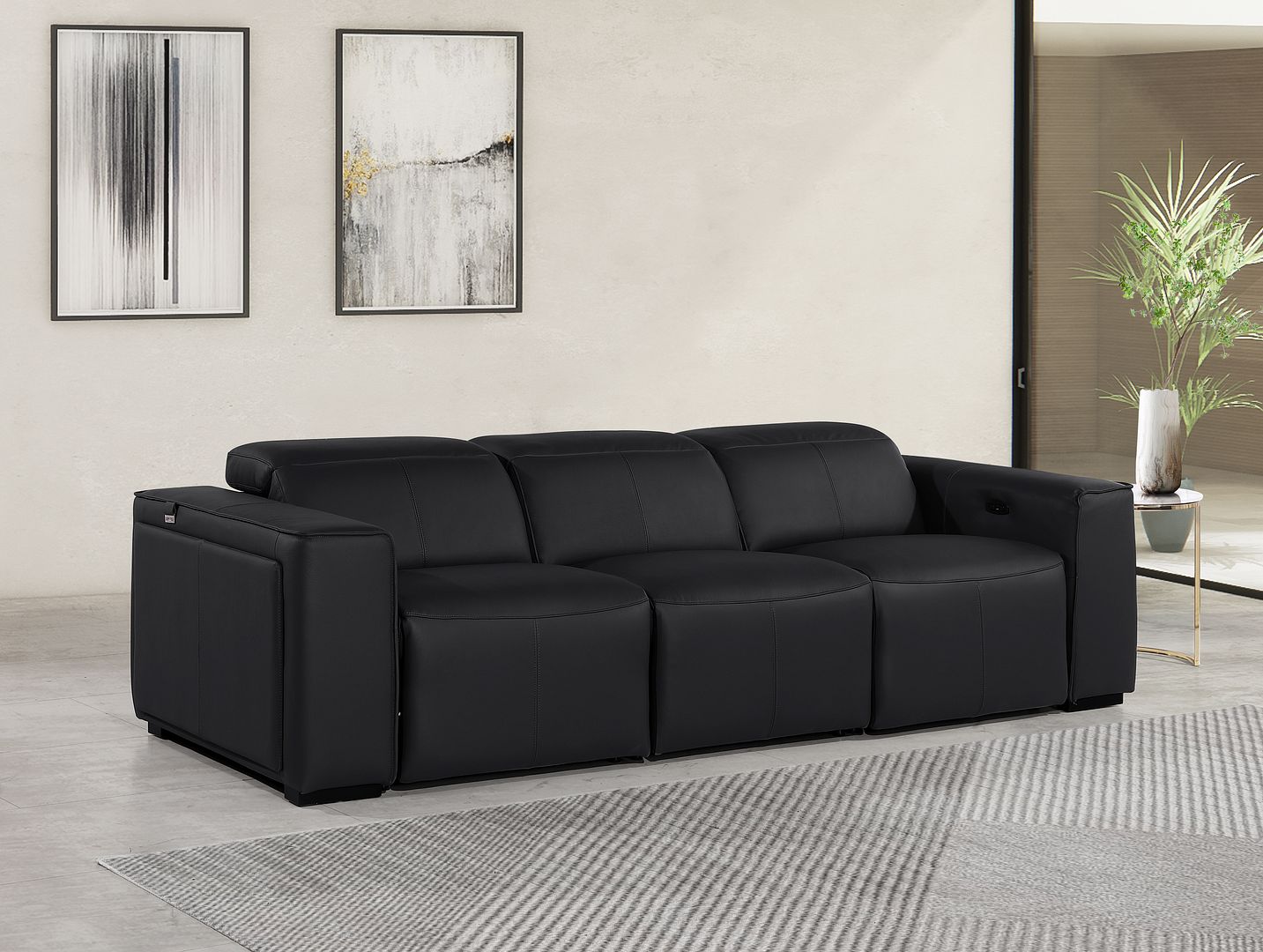 1224 Divanitalia 3-Piece Modular Power Reclining Sofa in Top Grain Italian Leather with 2 Power Recliners & Power Headrests - Black