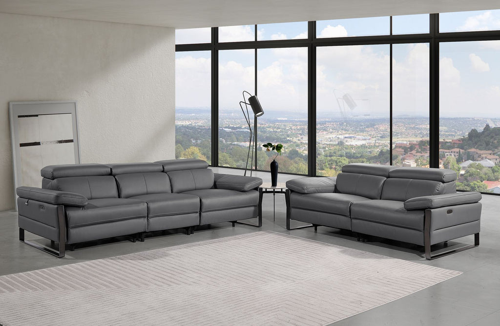 1246 Divanitalia Modular Power Dual Reclining Sofa and Loveseat Set with Power Headrests - Top Grain Italian Leather - Dark Grey - SKU 1246-DK-GREY-5.4-HT-2PC